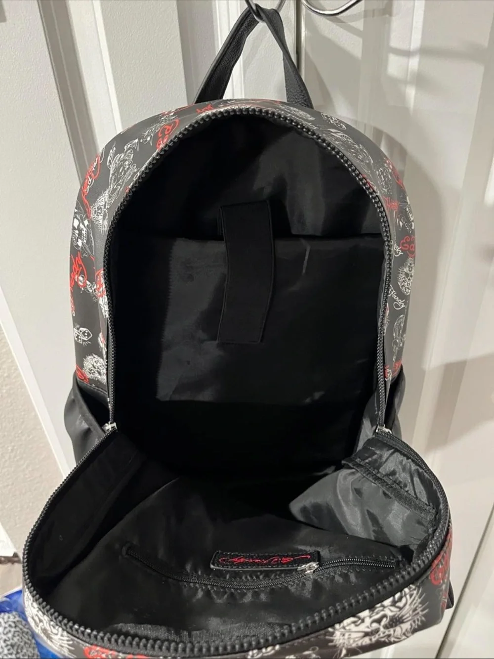 Ed Hardy Black Backpack with Red & White Graphic Skull
